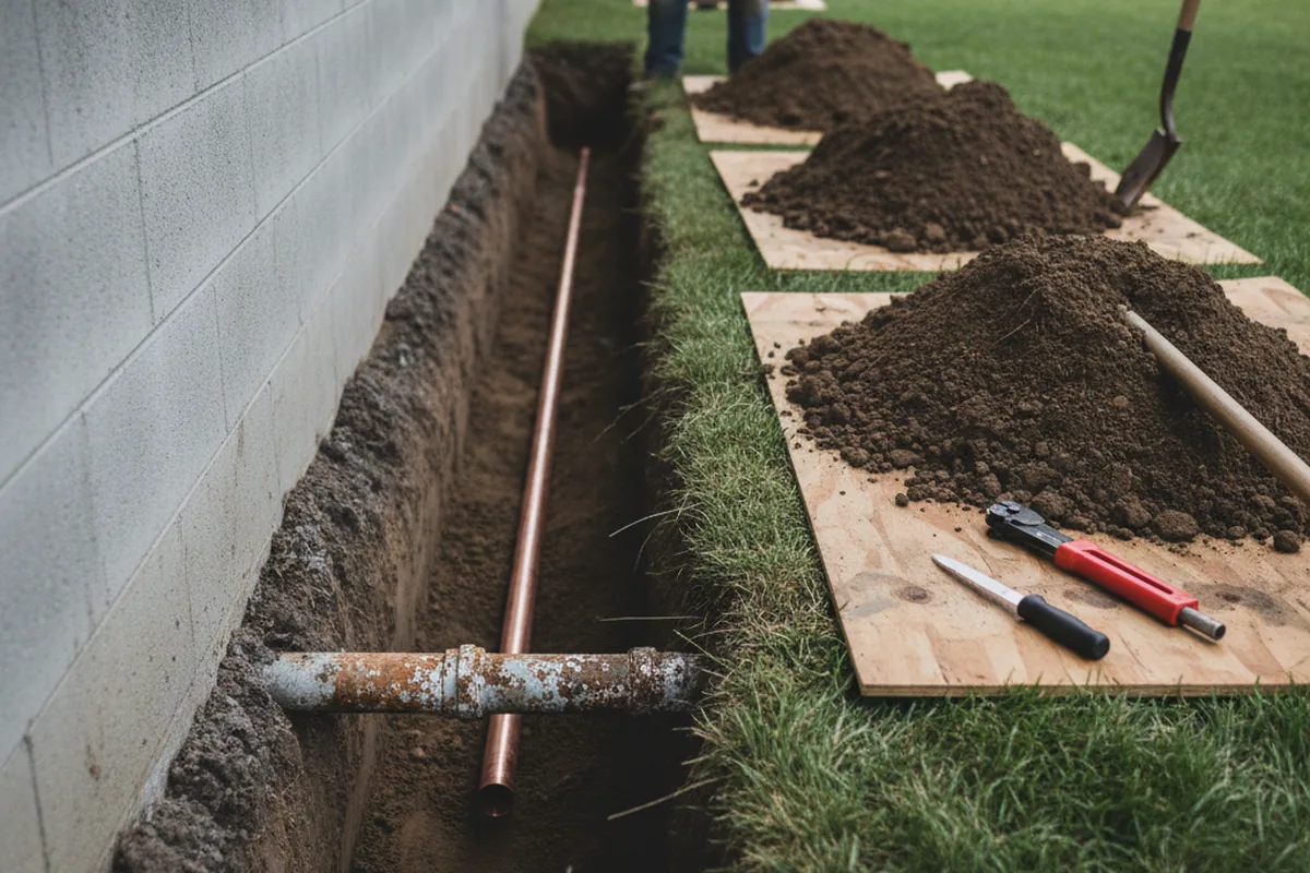Excavated water line trench during Water Softener Installation in Calabash